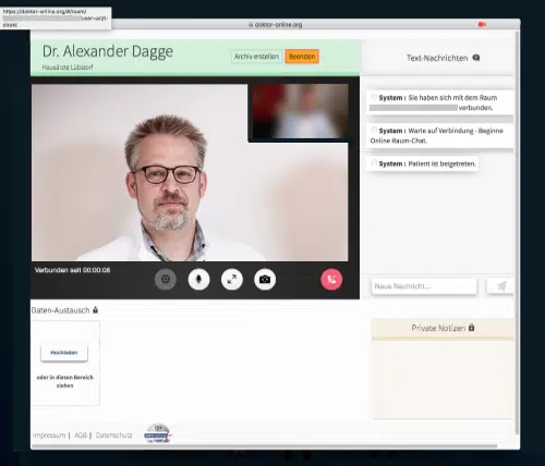 Online Wartezimmer für Video Sprechstunde, Gesprächsbeginn mit dem Arzt Dr. Alexander Dagge, in der App arzt-direkt