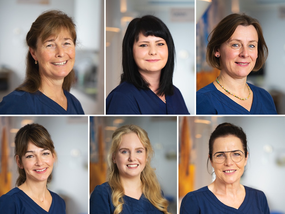 Wir, Team Hausärzte Lübstorf Collage Portraits Mitarbeiterinnen in blauer und roter Arbeitskleidung